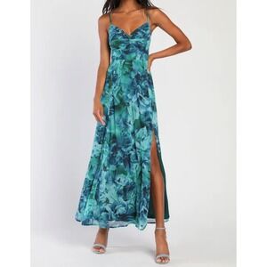 Lulus Beautiful Soul Teal Blue Floral Print Maxi Dress Spaghetti Straps Size M